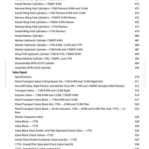 May include: A printed page from a manual, detailing components and procedures for agricultural machinery. The text includes terms such as "Marker Cylinders," "Valve Repair," and "Transport Valve," with page numbers.