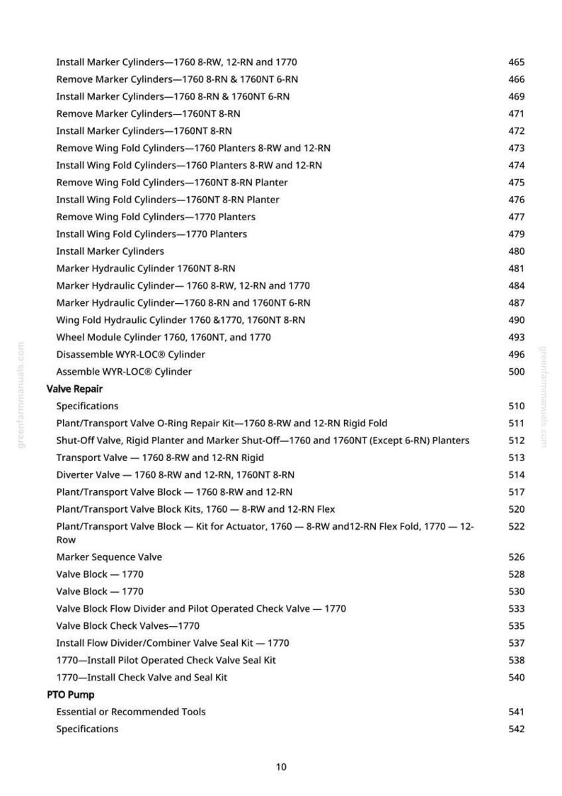 May include: A printed page from a manual, detailing components and procedures for agricultural machinery. The text includes terms such as "Marker Cylinders," "Valve Repair," and "Transport Valve," with page numbers.