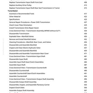 May include: A white page from a manual with a list of transmission repair procedures. The text includes terms like "Disassemble Transmission," "Inspect Clutch Disks," and "Assemble Output Shaft Assembly."
