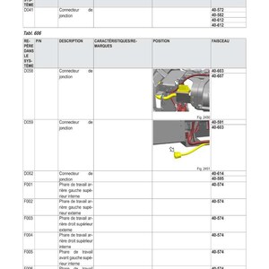 May include: Electrical schematics diagram with French text. The chart details descriptions of connectors and headlights, with associated numbers and diagrams. A technical illustration.