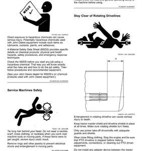 May include: Safety guidelines document with illustrations. Includes warnings about handling chemicals, checking machine safety, staying clear of rotating drivelines, and servicing machines safely. Text includes safety procedures and emergency response techniques.