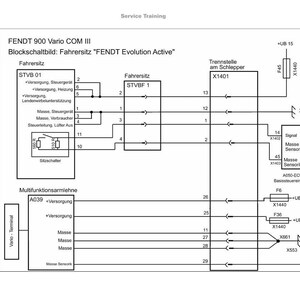 Op de afbeelding: Schema van de bestuurdersstoel FENDT 900 Vario COM III, met de elektrische aansluitingen voor het klimaatregelsysteem en de stoelverwarming. Inclusief labels en bedrading, met afmetingen in cm.