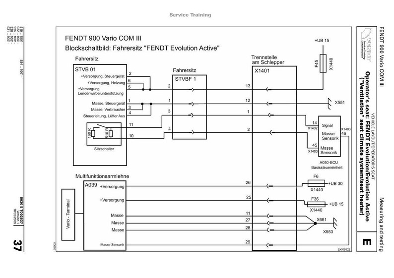 Op de afbeelding: Schema van de bestuurdersstoel FENDT 900 Vario COM III, met de elektrische aansluitingen voor het klimaatregelsysteem en de stoelverwarming. Inclusief labels en bedrading, met afmetingen in cm.