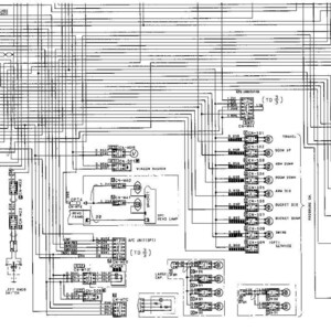 Op de afbeelding: Een gedetailleerd zwart-wit schema van een elektrisch systeem. Het diagram bevat talrijke lijnen, symbolen en labels, waaronder "HORN SWITCH" en "WINDOW WASHER". Het complexe ontwerp suggereert een technische of engineering context.
