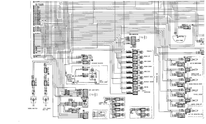Op de afbeelding: Een gedetailleerd zwart-wit schema van een elektrisch systeem. Het diagram bevat talrijke lijnen, symbolen en labels, waaronder "HORN SWITCH" en "WINDOW WASHER". Het complexe ontwerp suggereert een technische of engineering context.