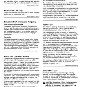 May include: A manual titled "Introduction" for a John Deere product. The manual provides safety and operating information, including warnings and instructions for machine use, maintenance, and emissions performance. It also includes special messages and a caution symbol.