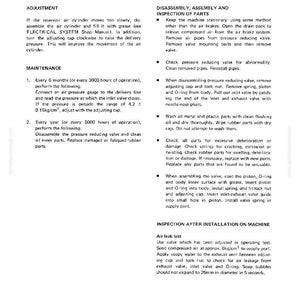Puede incluir: P&aacute;gina de un manual de taller con instrucciones para el mantenimiento y la inspecci&oacute;n del sistema de aire. Detalla los ajustes, los intervalos de mantenimiento y los procedimientos de desmontaje. Tambi&eacute;n se incluye un procedimiento de prueba de fugas de aire.