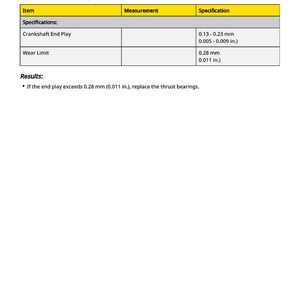 May include: A white page with text and a yellow-bordered table. The text includes instructions for measuring crankshaft end play, with specifications in inches and millimeters. The table lists "Crankshaft End Play" and "Wear Limit" with measurements.