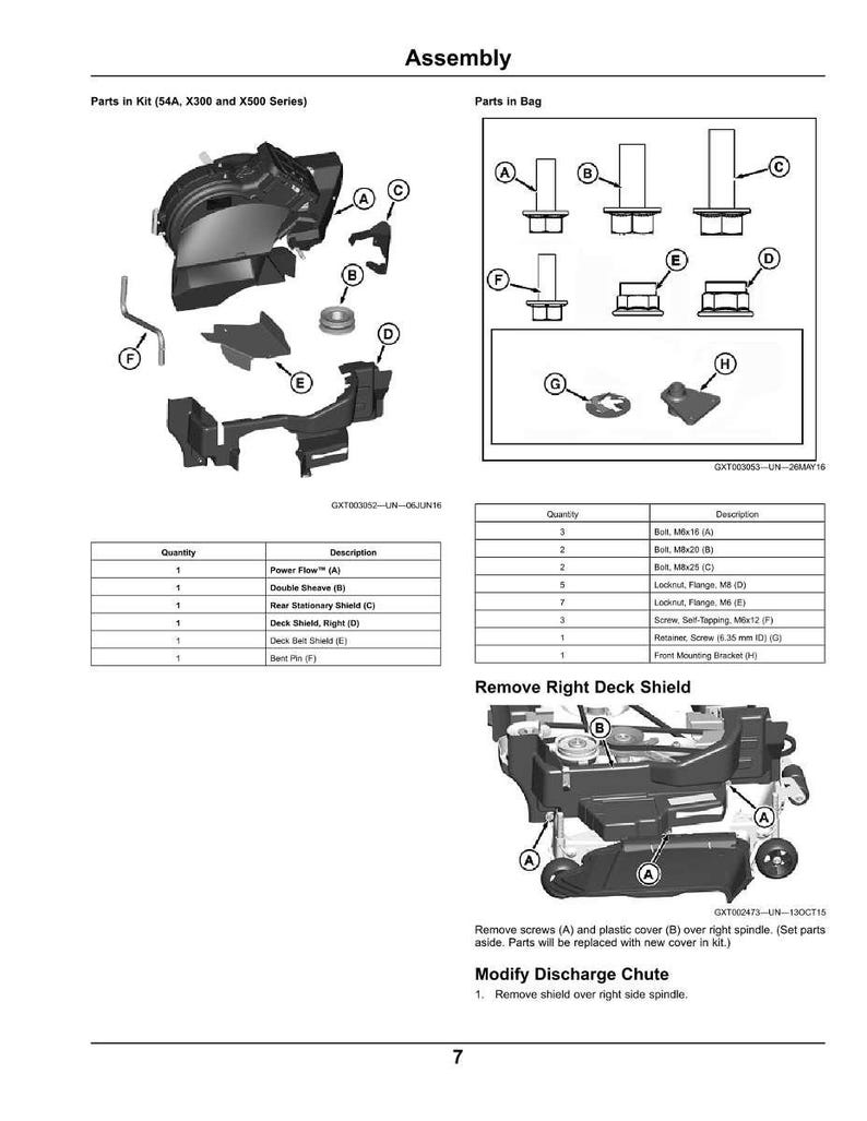 Puede incluir: Diagrama de montaje de piezas en kit y en bolsa, incluyendo pernos, tornillos y protectores. El diagrama incluye etiquetas y una lista de piezas para las series 54A, X300 y X500.