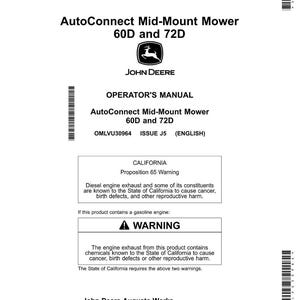 以下が含まれることがあります： John Deereのロゴが入った、AutoConnect Mid-Mount Mower 60Dおよび72D用の白黒の取扱説明書。ディーゼルエンジンの排気ガスに関するカリフォルニア州の警告が含まれています。