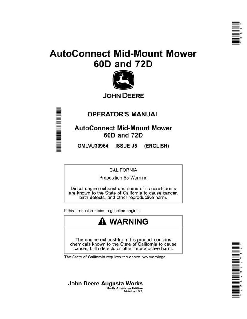 以下が含まれることがあります： John Deereのロゴが入った、AutoConnect Mid-Mount Mower 60Dおよび72D用の白黒の取扱説明書。ディーゼルエンジンの排気ガスに関するカリフォルニア州の警告が含まれています。