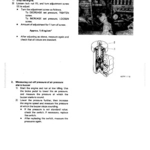 May include: A technical manual page with instructions for testing and adjusting air pressure. Includes diagrams of components and steps for adjusting screws and measuring pressure. The text includes measurements in kg/cm&sup2;.