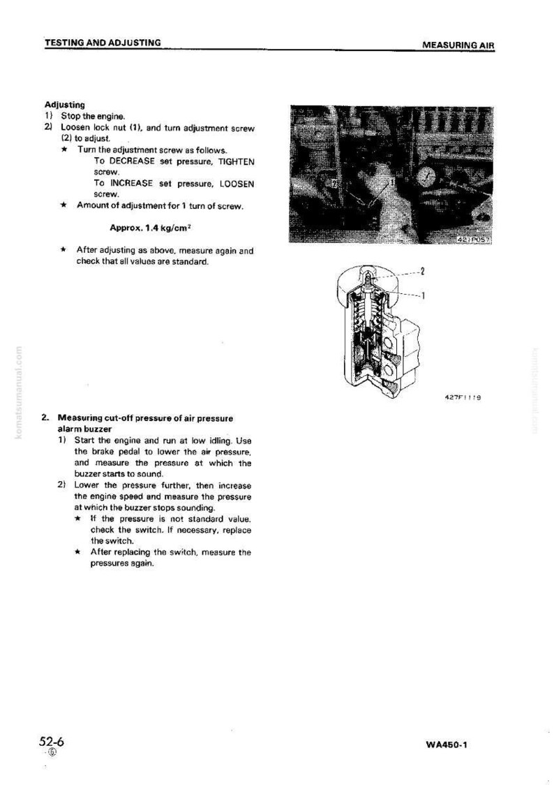 May include: A technical manual page with instructions for testing and adjusting air pressure. Includes diagrams of components and steps for adjusting screws and measuring pressure. The text includes measurements in kg/cm&sup2;.