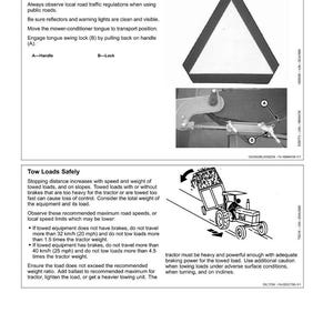 May include: A safety manual page with text and diagrams about towing agricultural equipment. Includes instructions on public road safety, speed limits, and load considerations. Features a warning triangle and a tractor illustration.
