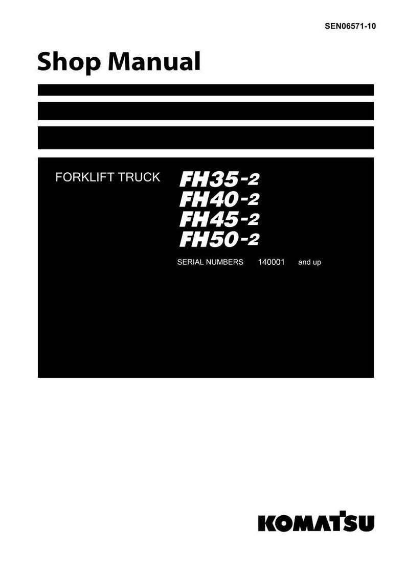 May include: A shop manual with the title "Shop Manual" in bold black font. Below the title are horizontal black lines. The manual includes information about forklift trucks, specifically FH35-2, FH40-2, FH45-2, and FH50-2 models. The serial numbers start at 140001 and up. The Komatsu logo is at the bottom.