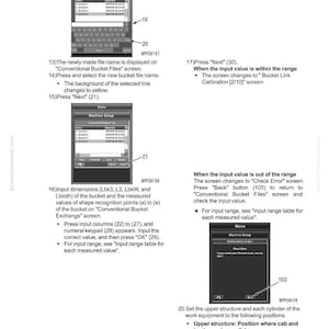 May include: A page from a manual titled "30 Testing and adjusting Electrical system." The page includes screenshots of a machine setup interface, with text and diagrams detailing procedures for inputting dimensions and setting up equipment.