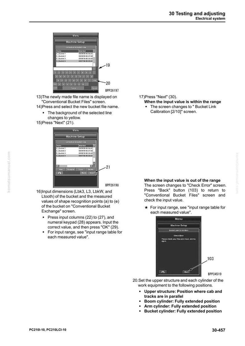 May include: A page from a manual titled "30 Testing and adjusting Electrical system." The page includes screenshots of a machine setup interface, with text and diagrams detailing procedures for inputting dimensions and setting up equipment.