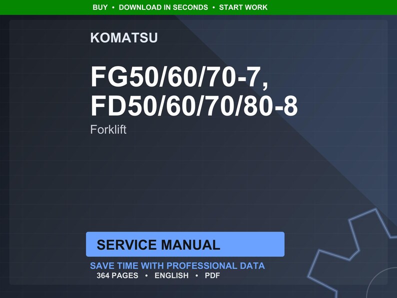 Pu&ograve; includere: Un manuale di servizio digitale per carrelli elevatori Komatsu, inclusi i modelli FG50/60/70-7 e FD50/60/70/80-8. Il manuale &egrave; etichettato come "Manuale di servizio" e contiene 364 pagine di dati professionali in inglese, in formato PDF.