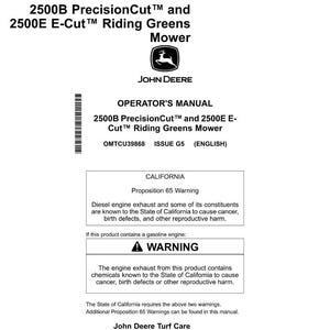 Może przedstawiać: Biała instrukcja obsługi dla kosiarki John Deere 2500B PrecisionCut i 2500E E-Cut Riding Greens. Instrukcja zawiera ostrzeżenie Proposition 65.