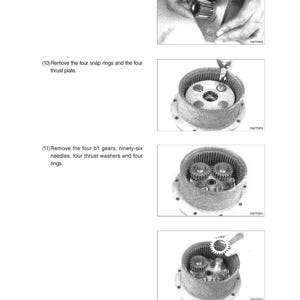 May include: A technical diagram with four illustrations detailing mechanical assembly steps. The images show gears, snap rings, and other components being assembled. Text instructions accompany each step, including removing gears and plates.