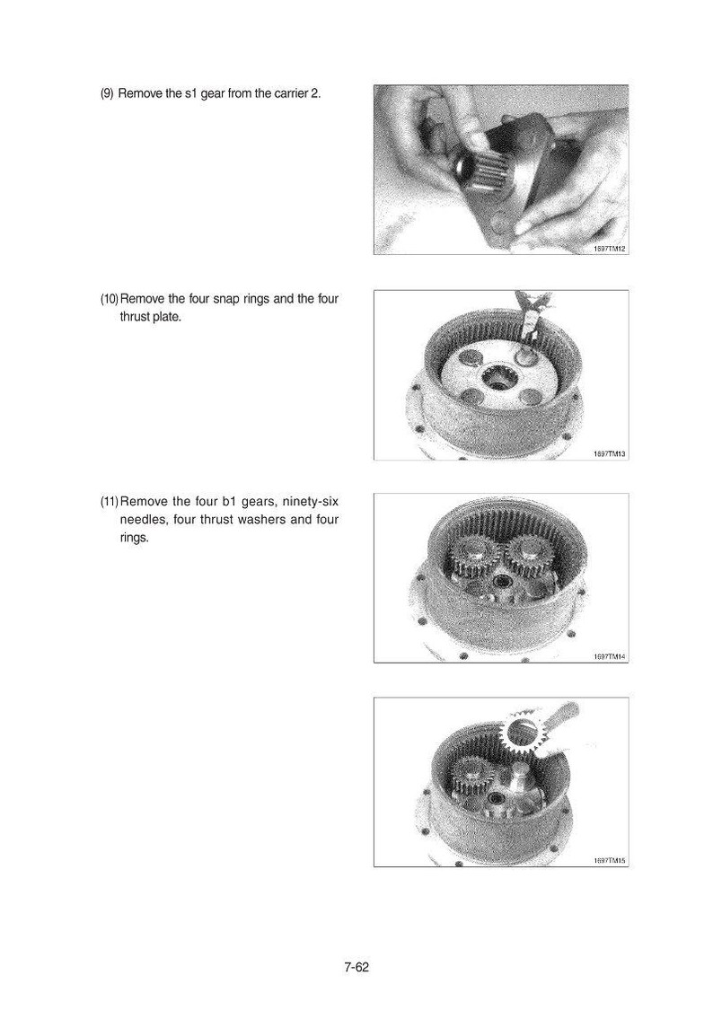 May include: A technical diagram with four illustrations detailing mechanical assembly steps. The images show gears, snap rings, and other components being assembled. Text instructions accompany each step, including removing gears and plates.