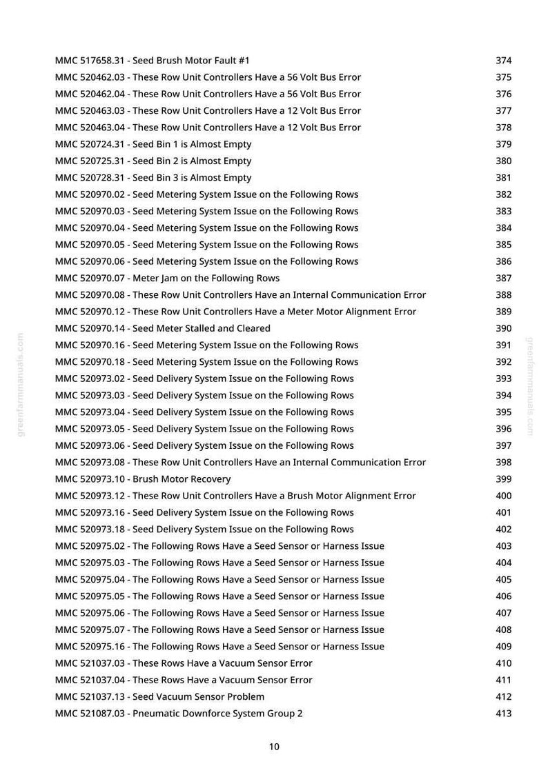 May include: A list of error messages and codes related to agricultural machinery, including issues with seed metering, delivery, and sensor problems. The text is displayed in a clear, organized format, with each entry numbered.
