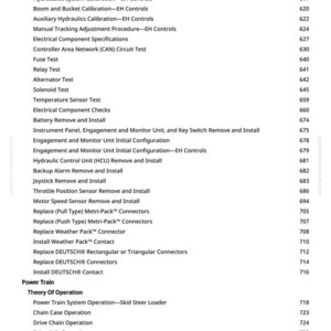 May include: A white page with a detailed table of contents for a service manual. The text includes procedures for calibration, testing, and removal of various components, such as sensors, connectors, and the power train.