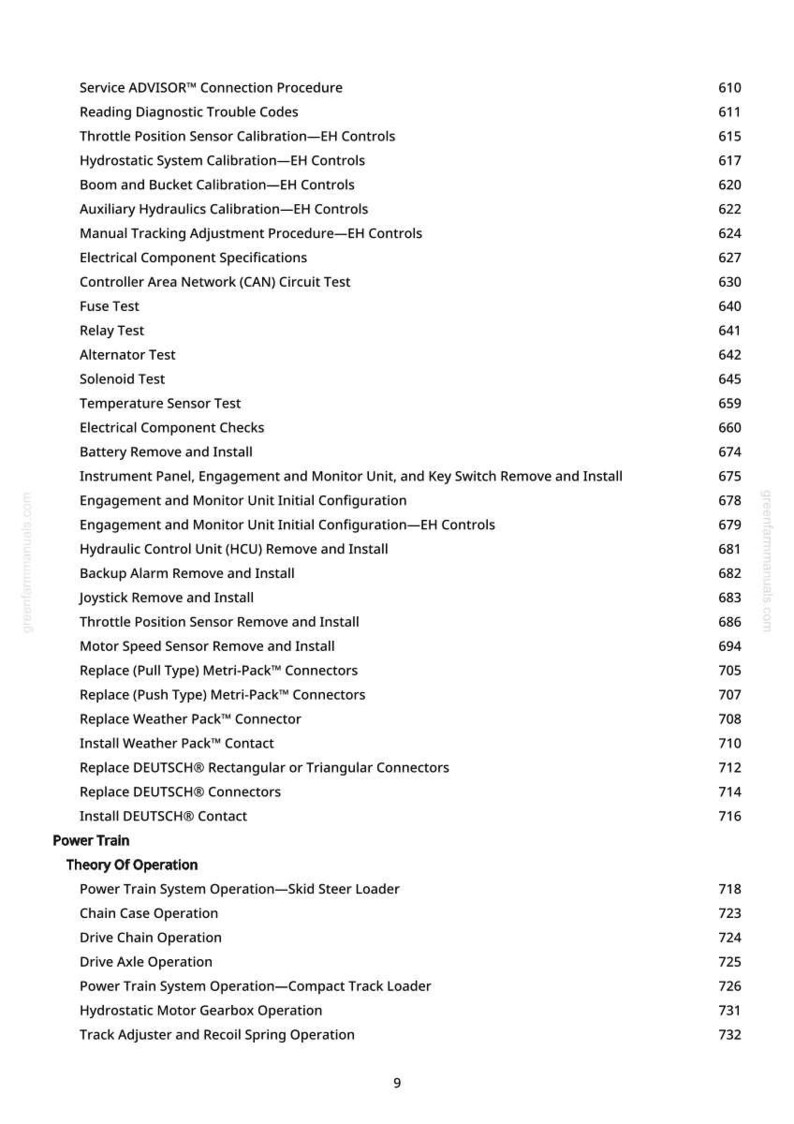 May include: A white page with a detailed table of contents for a service manual. The text includes procedures for calibration, testing, and removal of various components, such as sensors, connectors, and the power train.