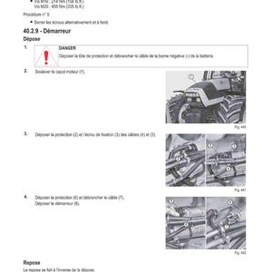 Może przedstawiać: Strona z instrukcji zatytułowana "M&Eacute;THODE D'INTERVENTION" z instrukcjami demontażu rozrusznika. Tekst zawiera ostrzeżenia i ponumerowane kroki z diagramami silnika ciągnika. Wymiary w lb.ft. i Nm.