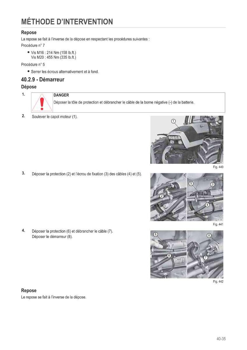 Może przedstawiać: Strona z instrukcji zatytułowana "M&Eacute;THODE D'INTERVENTION" z instrukcjami demontażu rozrusznika. Tekst zawiera ostrzeżenia i ponumerowane kroki z diagramami silnika ciągnika. Wymiary w lb.ft. i Nm.