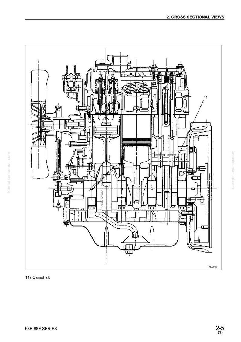 May include: Detailed cross-sectional diagram of an engine, showcasing internal components. The illustration, labeled "2. CROSS SECTIONAL VIEWS," includes a camshaft and other mechanical parts. The diagram is from the 68E-88E SERIES.