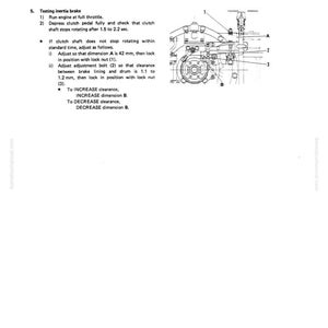 Może przedstawiać: Strona z instrukcji zatytułowana "Testing and Adjusting Travel". Zawiera schematy element&oacute;w mechanicznych z etykietami i instrukcjami regulacji wału sprzęgła. Tekst zawiera wymiary w milimetrach.