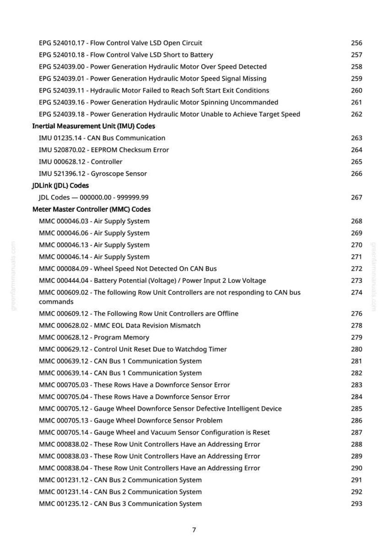 May include: A white page with a list of technical codes and descriptions, including EPG, IMU, JDL, and MMC codes. The text is black and organized in a structured format with page numbers on the right side.