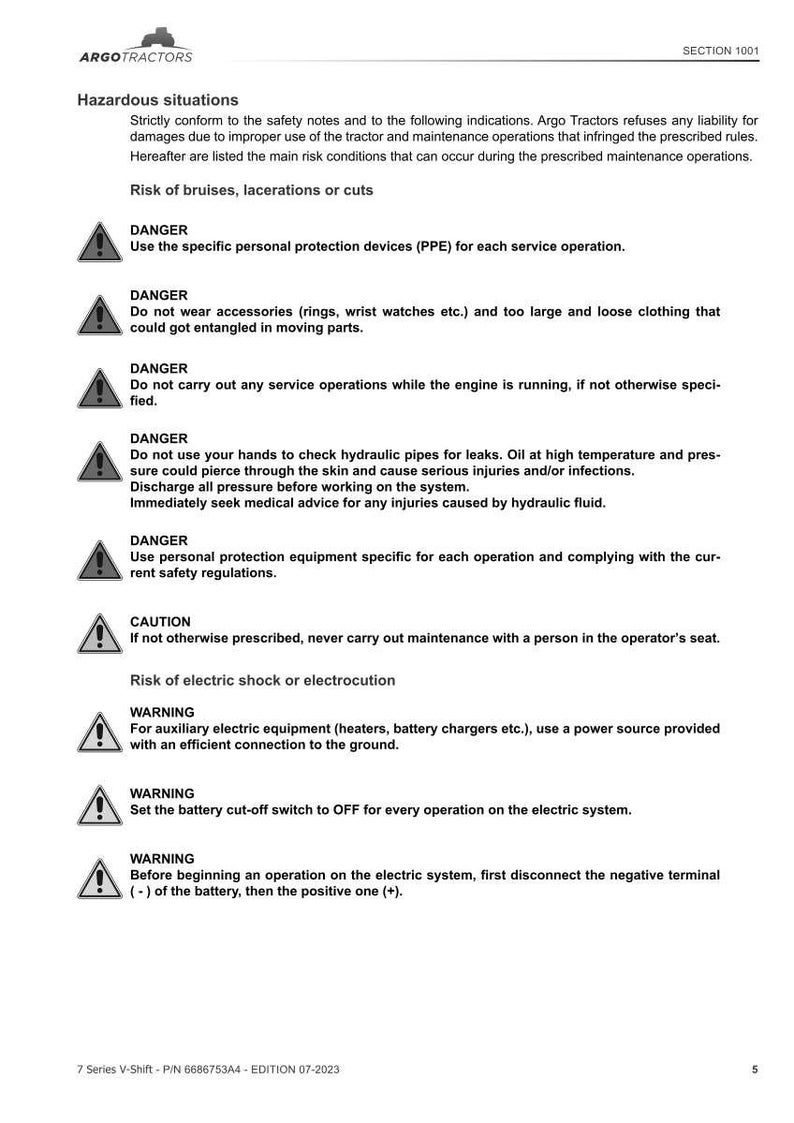 May include: A white page with safety warnings for Argo Tractors. The text includes "Hazardous situations," "Danger," "Caution," and "Warning" with safety symbols. It details risks like cuts, entanglement, and electric shock, and advises on PPE and safe practices.
