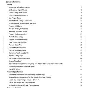 May include: A printed page with a "Table of Contents" in black text. The page lists safety information, including instructions on handling fluids, preventing explosions, and general specifications for machinery.