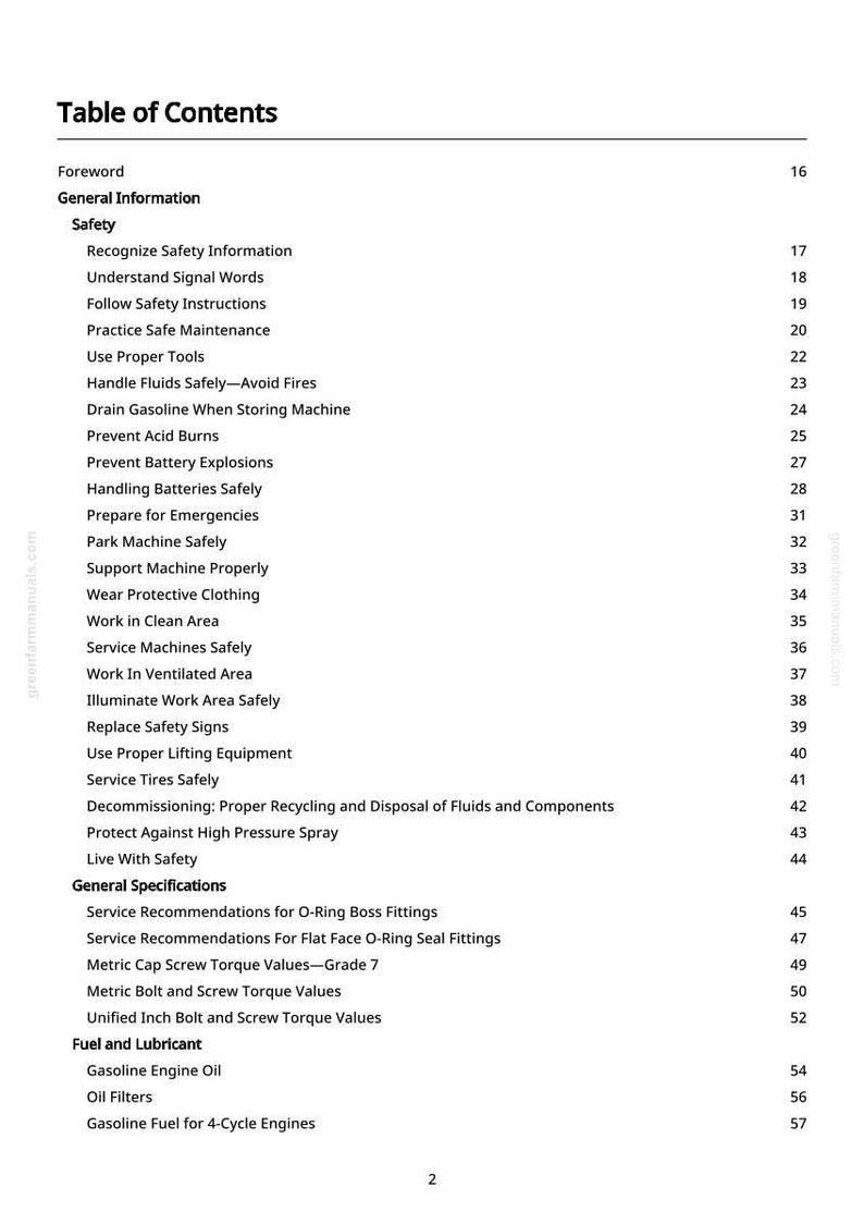 May include: A printed page with a "Table of Contents" in black text. The page lists safety information, including instructions on handling fluids, preventing explosions, and general specifications for machinery.
