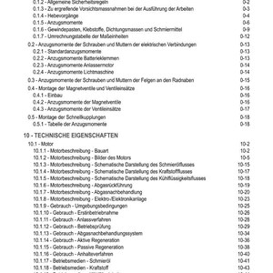 May include: A detailed table of contents from a technical manual, featuring sections on engine specifications, maintenance, and safety guidelines. The document is organized with numbered headings and subheadings, providing a comprehensive overview of the subject matter.