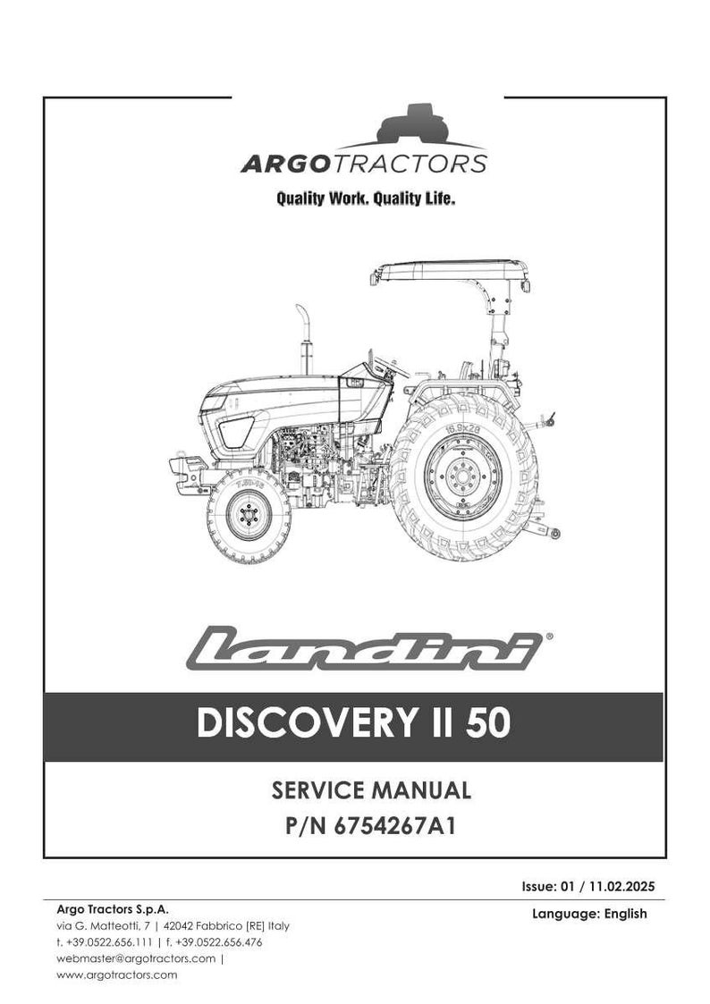 May include: A black and white line drawing of a Landini Discovery II 50 tractor. The image is from a service manual and includes the Argo Tractors logo and text: "Quality Work. Quality Life."