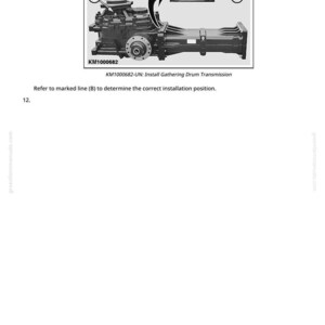 May include: Diagram of a mechanical component with arrows pointing to specific parts, labeled A and B. The text "KM1000682-UN: Install Gathering Drum Transmission" is included. The image is from a manual.