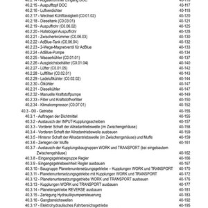 May include: A detailed contents page in black text, listing various automotive components and their corresponding page numbers. The document is titled "INHALT" and includes items like "Anlassermotor," "Auspuffrohr," and "Dieseltank."