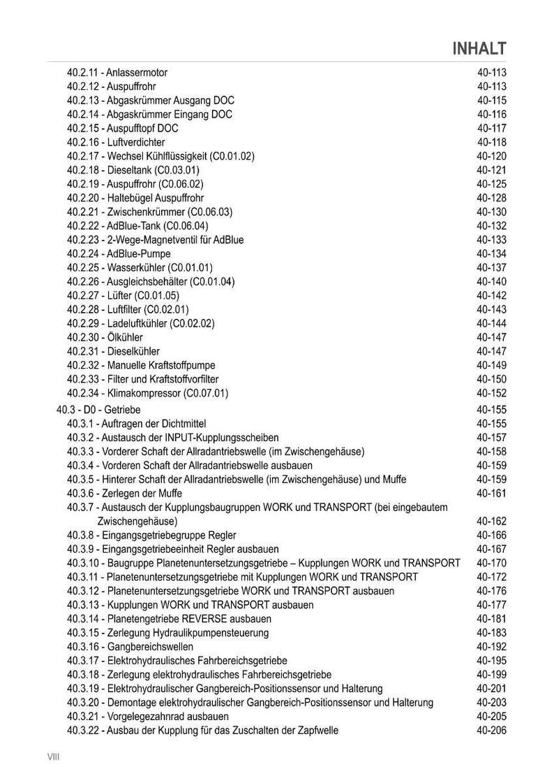 May include: A detailed contents page in black text, listing various automotive components and their corresponding page numbers. The document is titled "INHALT" and includes items like "Anlassermotor," "Auspuffrohr," and "Dieseltank."
