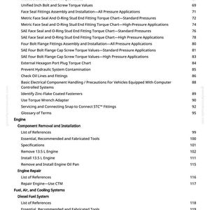 May include: A detailed table of contents from a manual, featuring various sections like "Engine," "Fuel, Air, and Cooling Systems," and "Component Removal." The page numbers are listed on the right.