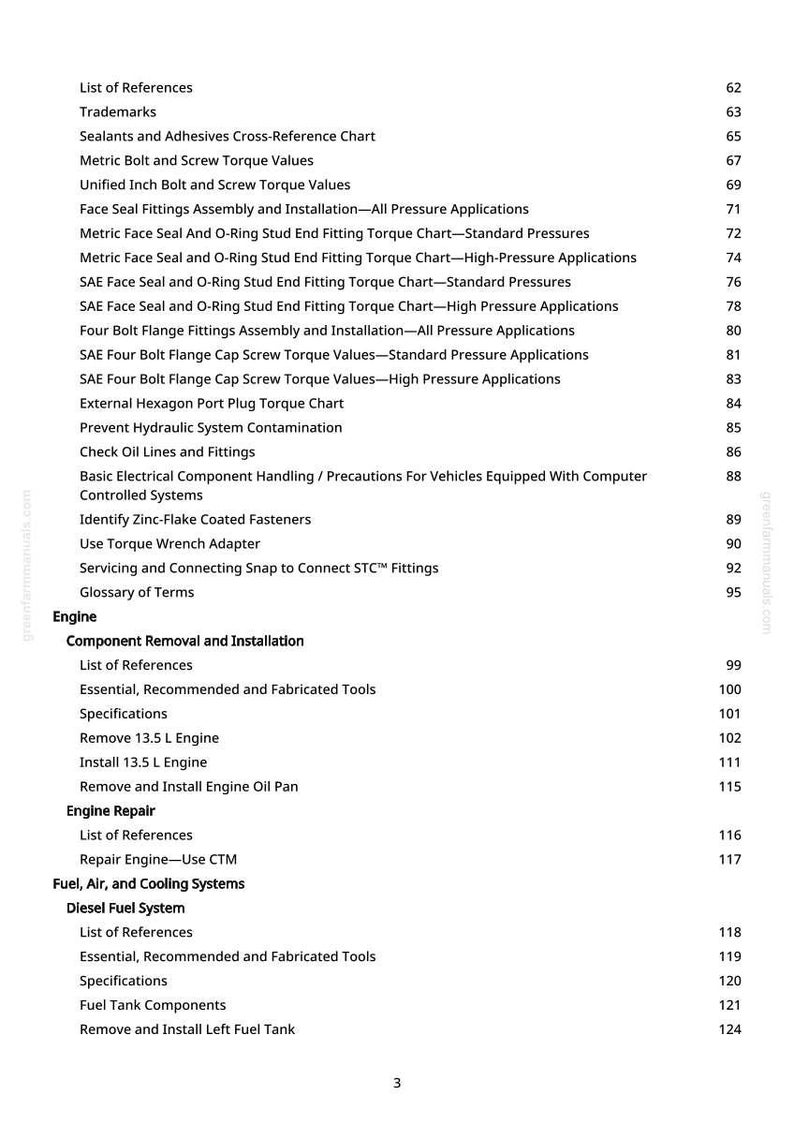 May include: A detailed table of contents from a manual, featuring various sections like "Engine," "Fuel, Air, and Cooling Systems," and "Component Removal." The page numbers are listed on the right.