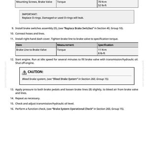 May include: A page from a repair manual with instructions for brake valve installation. Includes torque specifications for mounting screws and brake lines, with measurements in lb-ft and N-m. A caution about bleeding the brake system is also present.