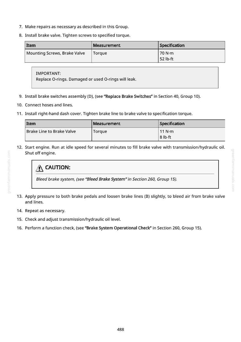 May include: A page from a repair manual with instructions for brake valve installation. Includes torque specifications for mounting screws and brake lines, with measurements in lb-ft and N-m. A caution about bleeding the brake system is also present.