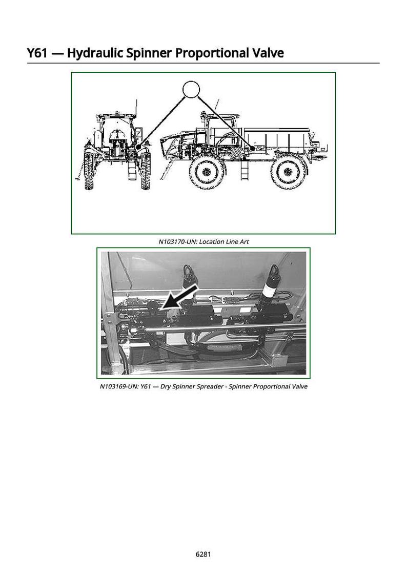 Puede incluir: Diagrama de un tractor y un esparcidor de discos con el texto "Y61 - Hydraulic Spinner Proportional Valve" y "N103170-UN: Location Line Art". Debajo, una foto de la v&aacute;lvula con el texto "N103169-UN: Y61 - Dry Spinner Spreader - Spinner Proportional Valve".