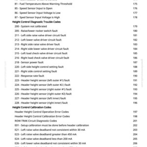 May include: A page from a manual with a list of diagnostic trouble codes, including fuel flow, speed sensor, and height control issues. The text is in black on a white background.