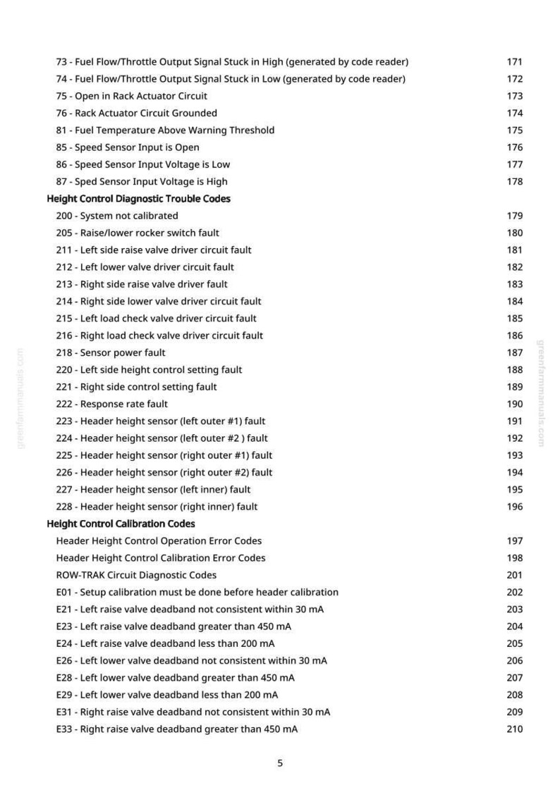 May include: A page from a manual with a list of diagnostic trouble codes, including fuel flow, speed sensor, and height control issues. The text is in black on a white background.