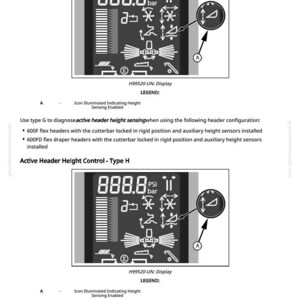 May include: Diagram of a digital display with the text "Active Header Height Control - Type G" and "Active Header Height Control - Type H". The display shows numerical readouts, icons, and the text "PSI" and "bar". The text "H99520-UN: Display" is also present.