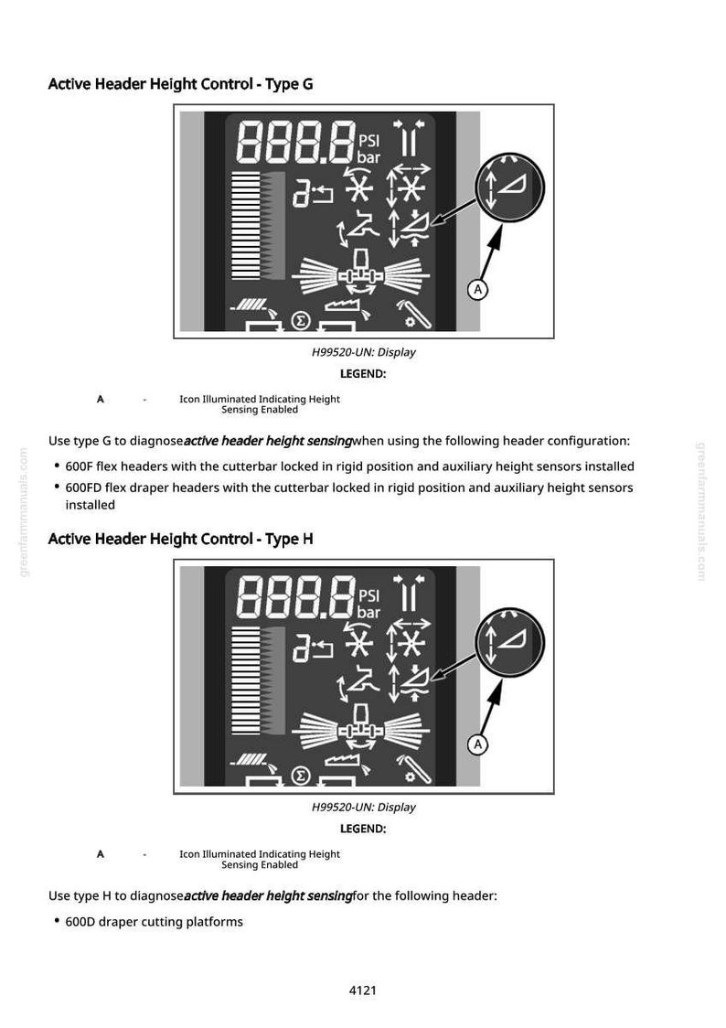 May include: Diagram of a digital display with the text "Active Header Height Control - Type G" and "Active Header Height Control - Type H". The display shows numerical readouts, icons, and the text "PSI" and "bar". The text "H99520-UN: Display" is also present.